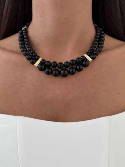 Özel Seri Siyah Top Detay İkili Gold Kolye