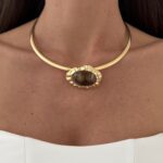 Özel Seri Oval Desenli Tasarım Kahverengi Mineli Gold Choker