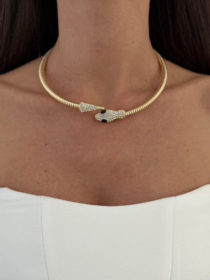 Özel Seri Zirkon Taşlı Yılan Tasarım Gold Choker Kolye