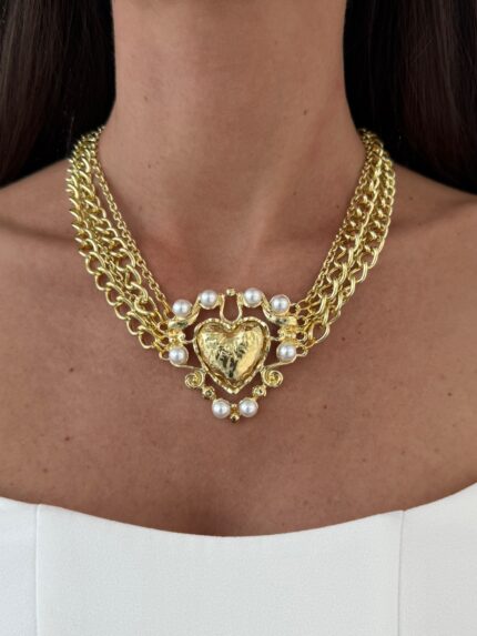 Özel Seri İnci Detay Kalp Tasarım Çoklu Zincir Gold Kolye