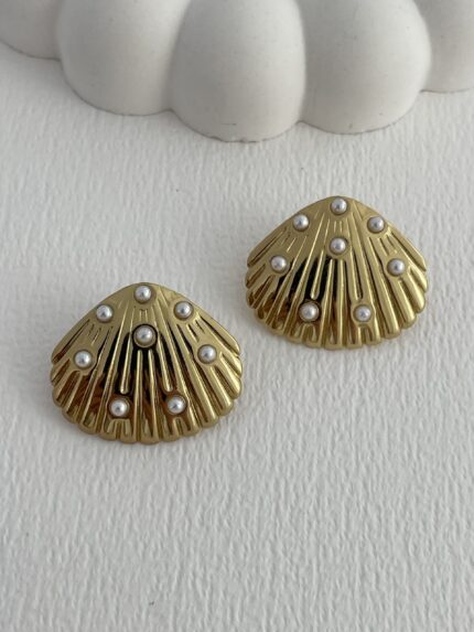 Çelik İnci Detay Deniz Kabuğu Tasarım Gold Küpe