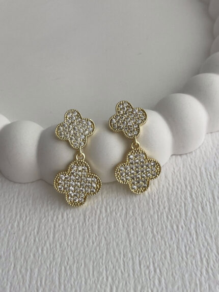 Özel Seri Marka Model Yonca Tasarım Zirkon Taşlı İkili Gold Küpe