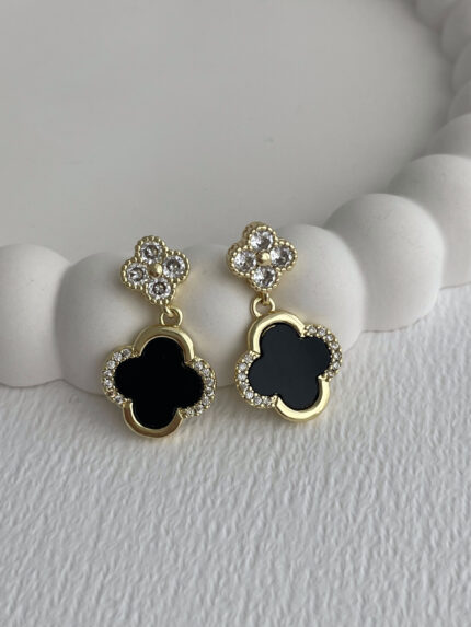 Özel Seri Marka Model Yonca Tasarım Zirkon Taşlı Siyah Mineli İkili Gold Küpe