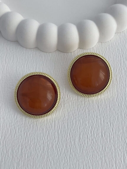 Özel Seri Kahverengi Kemik Detay Desenli Kenar Tasarım Yuvarlak Gold Küpe