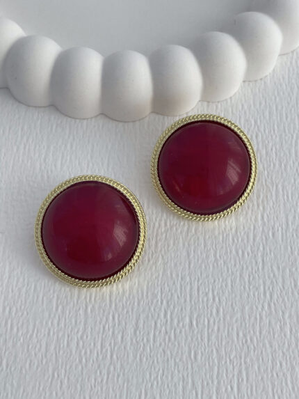 Özel Seri Bordo Kemik Detay Desenli Kenar Tasarım Yuvarlak Gold Küpe