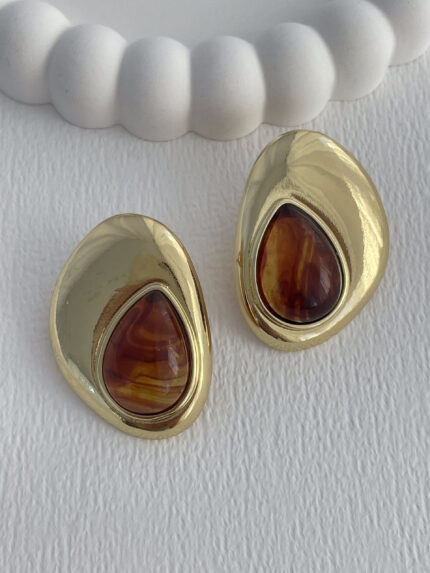 Özel Seri Kahverengi Mineli Damla Detay Gold Küpe