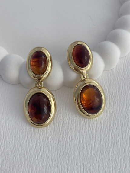 Özel Seri Kahverengi Mineli İkili Oval Tasarım Gold Küpe