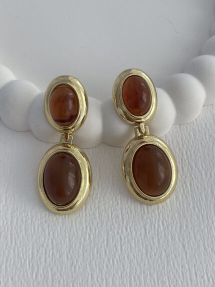 Özel Seri Açık Kahverengi Mineli İkili Oval Tasarım Gold Küpe