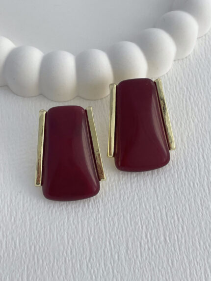 Özel Seri Bordo Mineli Geometrik Tasarım Gold Küpe