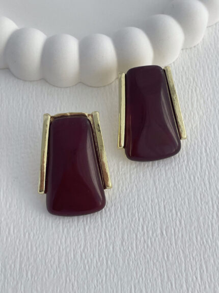 Özel Seri Koyu Bordo Mineli Geometrik Tasarım Gold Küpe