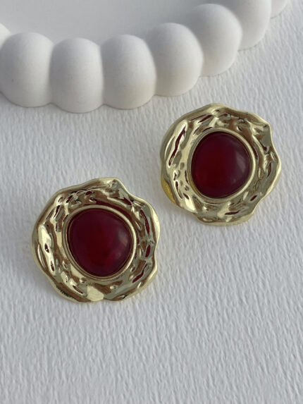 Özel Seri Bordo Taş Detay Yuvarlak Tasarım Gold Küpe