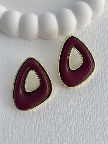 Özel Seri Bordo Kemik Detay Geometrik Tasarım Gold Küpe