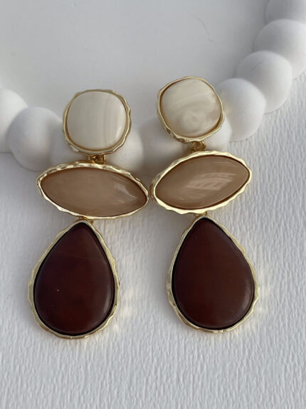 Özel Seri Sallantılı Kahve & Bej Taş Tasarım Damla Detay Gold Küpe