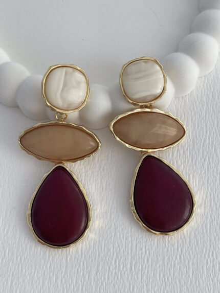 Özel Seri Sallantılı Bordo & Bej Taş Tasarım Damla Detay Gold Küpe