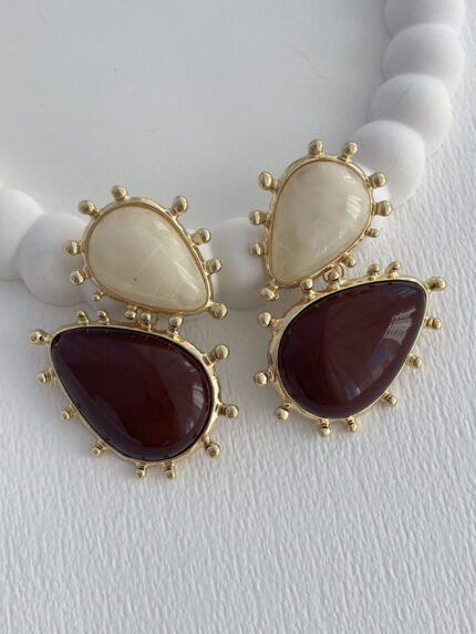 Özel Seri İkili Krem & Kahve Taş Detay Damla Tasarım Gold Küpe