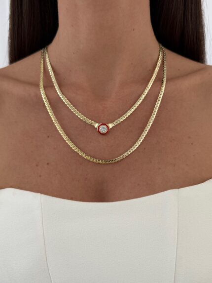 Özel Seri İkili Ezme Gurmet Zincir Kırmızı Çağla Model Gold Kolye