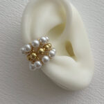 Özel Seri İnci Top Detay Üçlü Tasarım Gold Earcuff Küpe