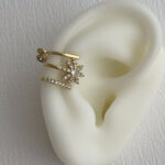 Özel Seri Zirkon Taşlı Çiçek Tasarım Gold Earcuff Küpe