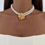 LP Özel Üretim Gül Tasarım Gold İnci Choker Kolye