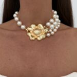 Özel Seri Çiçek Tasarım Gold İnci Choker Kolye