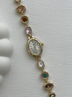 Marka Model Oval Tasarım Pembe & Mavi Baget Taşlı Kadranı Beyaz Gold Vintage Saat - Görsel 2