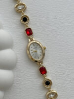 Marka Model Oval Tasarım Kırmızı & Siyah Baget Taşlı Kadranı Beyaz Gold Vintage Saat - Görsel 2