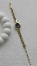 Oval Tasarım Kadranı Siyah Gold Vintage Saat - Görsel 4