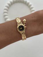 Yuvarlak Tasarım Kalp Detay Kadranı Siyah Gold Vintage Saat