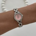 Yuvarlak Tasarım Zirkon Taşlı Kadranı Pembe Gümüş Vintage Saat