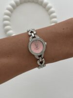 Yuvarlak Tasarım Zirkon Taşlı Kadranı Pembe Gümüş Vintage Saat