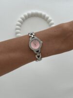 Yuvarlak Tasarım Zirkon Taşlı Kadranı Pembe Gümüş Vintage Saat - Görsel 3