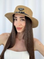 PR Marka Model Siyah Kemer Detay Camel Hasır Şapka