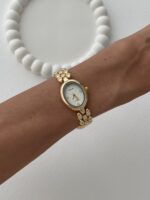 Oval Tasarım Kadranı Beyaz Gold Vintage Saat - Görsel 3