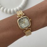 Kare Tasarım Kadranı Beyaz Gold Vintage Saat