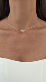 Özel Seri Damla Tasarım Baget Taşlı Gold Choker Kolye - Görsel 5