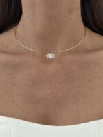 Özel Seri Damla Tasarım Baget Taşlı Gold Choker Kolye
