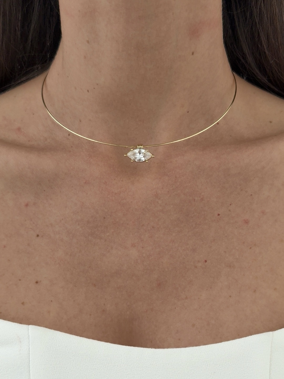 img_3078-5 Özel Seri Damla Tasarım Baget Taşlı Gold Choker Kolye - Görsel 1