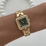 Kare Tasarım Zirkon Taşlı Kadranı Siyah Gold Vintage Saat