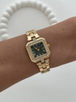 Kare Tasarım Zirkon Taşlı Kadranı Siyah Gold Vintage Saat