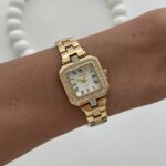 Kare Tasarım Zirkon Taşlı Kadranı Beyaz Gold Vintage Saat