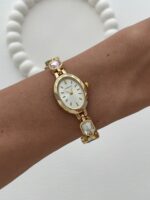 Marka Model Oval Tasarım Pembe & Mavi Baget Taşlı Kadranı Beyaz Gold Vintage Saat