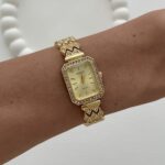 Dikdörtgen Tasarım Zirkon Taşlı Kadranı Sarı Gold Vintage Saat