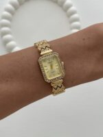 Dikdörtgen Tasarım Zirkon Taşlı Kadranı Sarı Gold Vintage Saat
