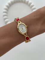 Marka Model Oval Tasarım Kırmızı & Siyah Baget Taşlı Kadranı Beyaz Gold Vintage Saat
