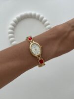Marka Model Oval Tasarım Kırmızı & Siyah Baget Taşlı Kadranı Beyaz Gold Vintage Saat - Görsel 3