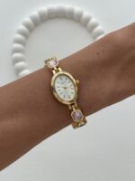 Marka Model Oval Tasarım Pembe & Siyah Baget Taşlı Kadranı Beyaz Gold Vintage Saat