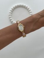 Marka Model Oval Tasarım Pembe & Siyah Baget Taşlı Kadranı Beyaz Gold Vintage Saat - Görsel 3