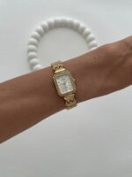 Dikdörtgen Tasarım Zirkon Taşlı Kadranı Beyaz Gold Vintage Saat - Görsel 3