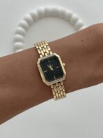 Dikdörtgen Tasarım Zirkon Taşlı Kadranı Siyah Gold Vintage Saat