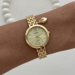 Yuvarlak Tasarım Kalp Detay Kadranı Sarı Gold Vintage Saat